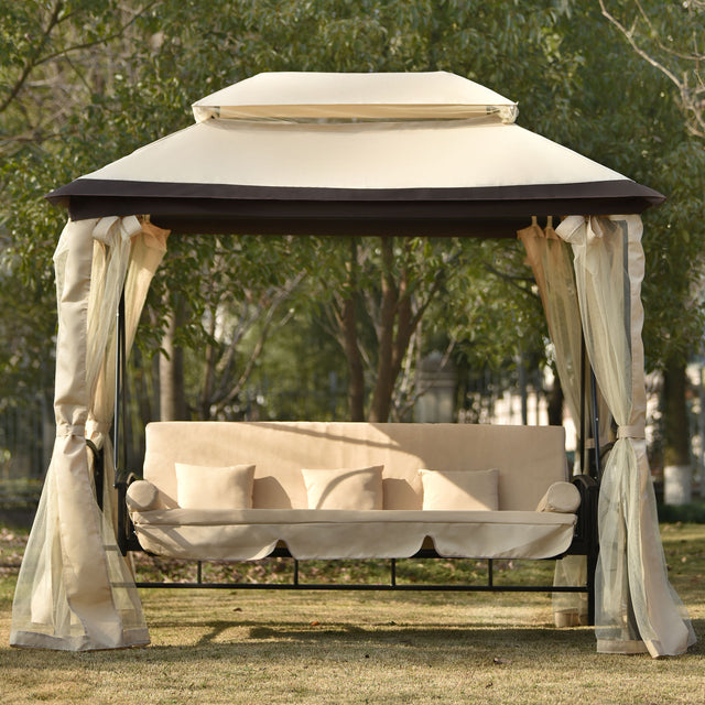 [VIDEO provided] U_STYLE 8.9 Ft. W x 5.9 Ft. D Outdoor Gazebo with Convertible Swing Bench, Double Roof Soft Canopy Garden Backyard Gazebo with Mosquito Netting Suitable for Lawn, Garden, Backyard