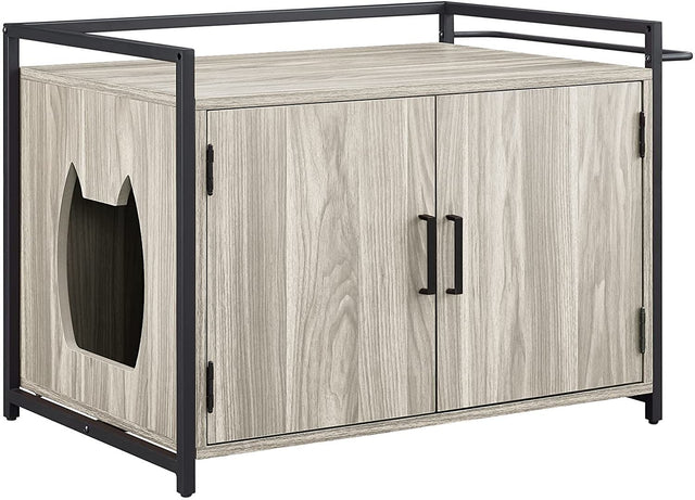 Hidden Cat Litter Box Furniture with Ventilation and Bench Seat, Pet Crate with Iron and Wood Sturdy Structure