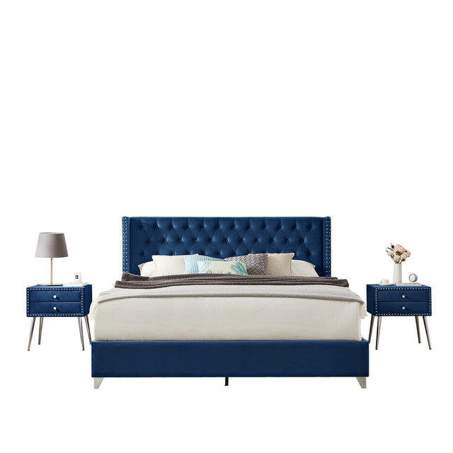 B100S King bed with two nightstands, Button designed Headboard, strong wooden slats + metal legs with Electroplate