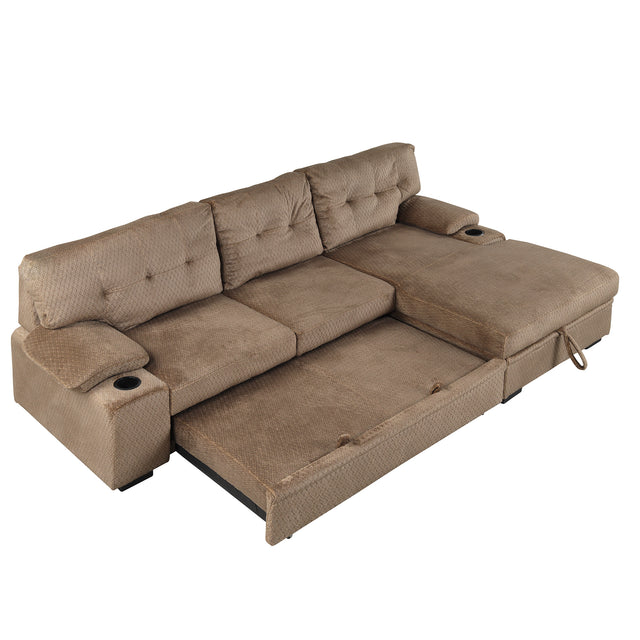 95.7" Modern Padded Upholstered  Sofa Bed Sleeper Sectional Sofa with Storage Chaise and Cup Holder for Living Room Furniture Set