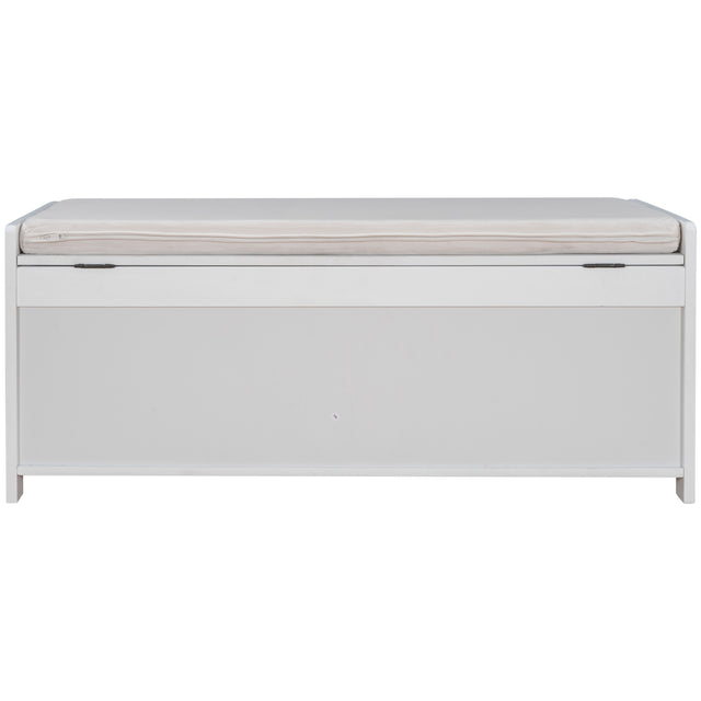 TREXM  Storage Bench with 3 Shutter-shaped Doors,  Shoe Bench with Removable Cushion and Hidden Storage Space (White)
