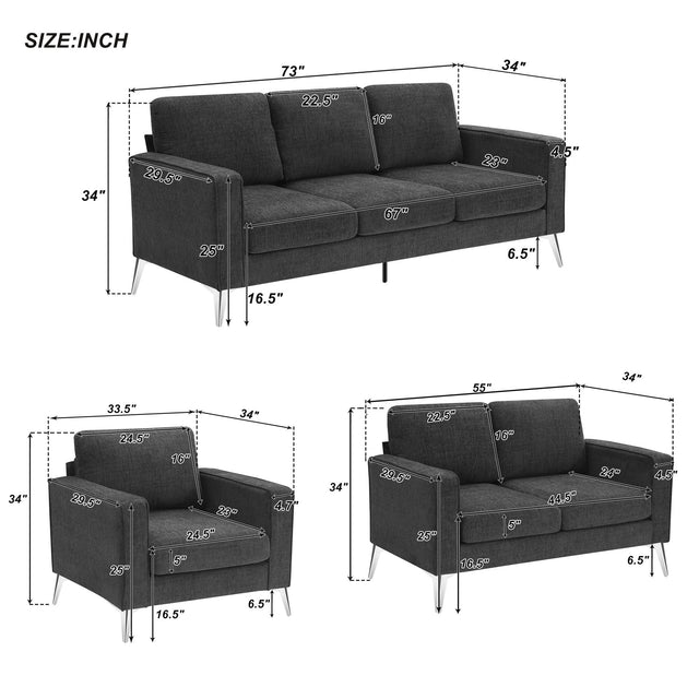 [VIDEO provided] [New]Modern 3-Piece Sofa Sets with Sturdy Metal Legs,Linen Upholstered Couches Sets Including 3-Seat Sofa, Loveseat and Single Chair for Living Room Furniture Set (1+2+3 Seat)