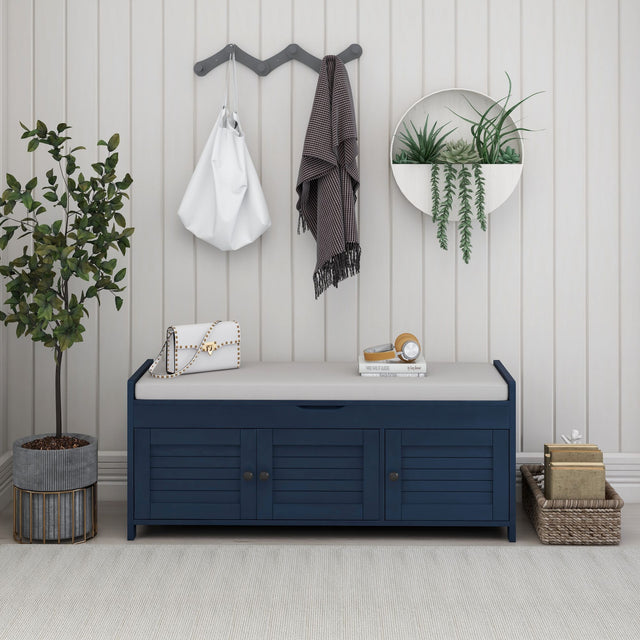 TREXM  Storage Bench with 3 Shutter-shaped Doors,  Shoe Bench with Removable Cushion and Hidden Storage Space (Antique Navy)