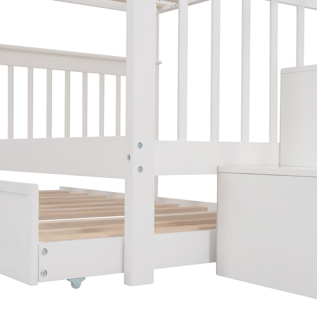 Stairway Full-Over-Full Bunk Bed with Twin size Trundle, Storage and Guard Rail for Bedroom, Dorm - White(OLD SKU :LP001210AAK)