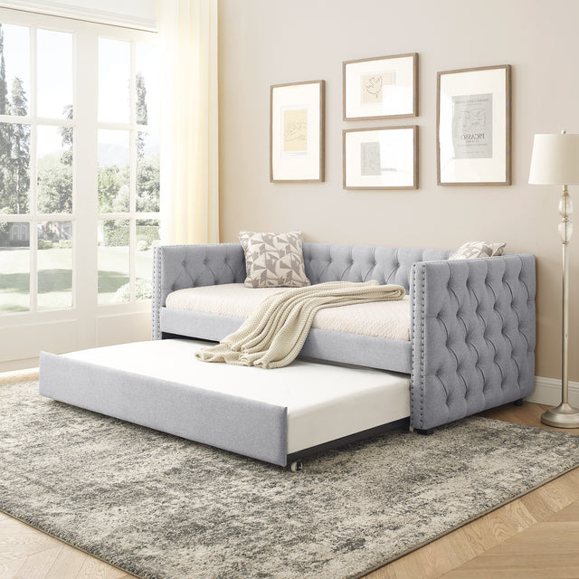 Daybed with Trundle Upholstered Tufted Sofa Bed, with Button and Copper Nail on Square Arms，both Twin Size, Grey（85“x42.5”x31.5“）（Old SKU W487S00045）