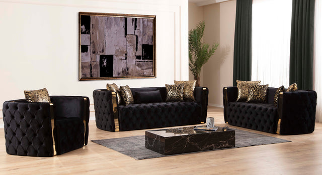 Naomi Button Tufted Loveseat with Velvet Fabric and Gold Accent in Black