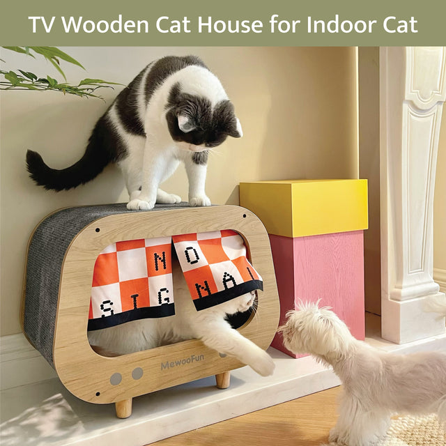 Classic Wooden TV-Shaped Cat Bed, Cat House with Cushion, Grey