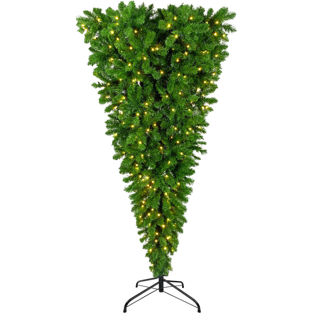 Upside Down Green Christmas Tree, Xmas Tree with LED Warm White Lights, Reinforced Metal Base & Easy Assembly 6ft, w/1,000 Lush Branch Tips, 360 LED Lights X-mas