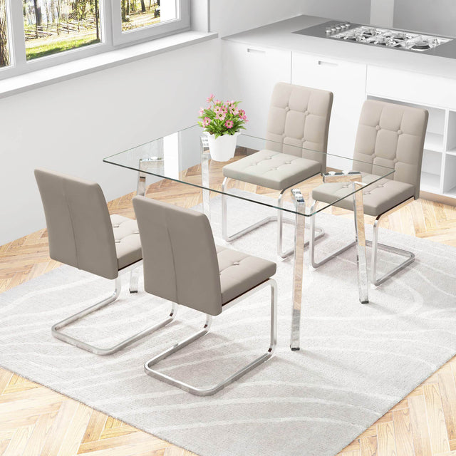 Glass Dining Table, Dining Chair set, 4 Light Brown Embedded Button Dining Chairs and 1 Dining Table .Table Size 51" W x 31"D x 30" H