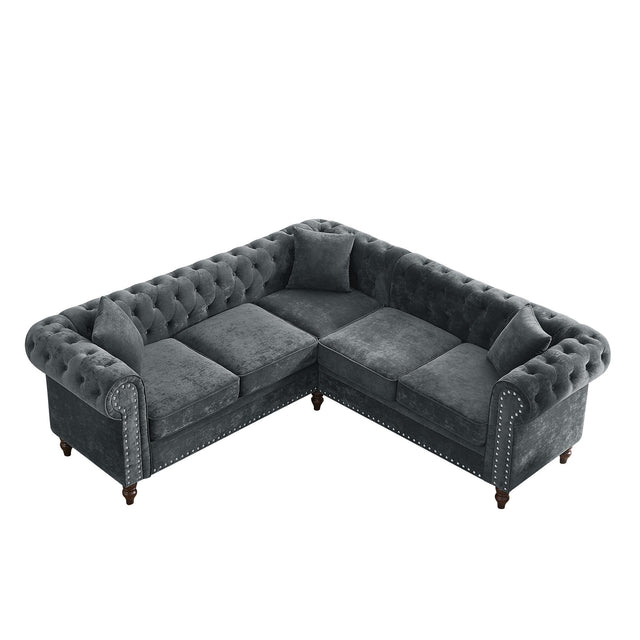 MH 80" Deep Button Tufted Upholstered Roll Arm Luxury Classic Chesterfield L-shaped Sofa 3 Pillows Included, Solid Wood Gourd Legs, Grey velvet