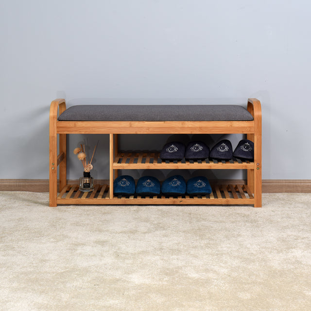 Living Room Bamboo Storage Bench， Entryway 3 Shelves Bench with flip storage compartment 39.37 x 13 x 19.88 inch