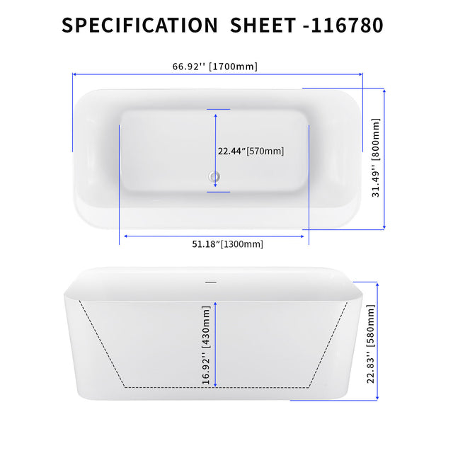 67" 100% Acrylic Freestanding Bathtub，Contemporary Soaking Tub，white Bathtub