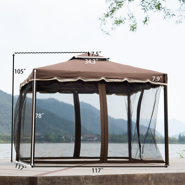 TOPMAX 9.8Ft. Wx9.8Ft.L Outdoor Iron Vented Dome Top Patio Gazebo with Netting for Backyard, Poolside and Deck, Brown
