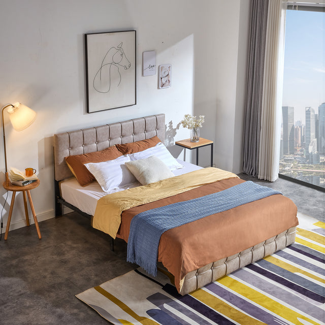Queen Size Bed Frame Modern Vertical Panel Upholstered Low Profile Platform with Adjustable Headboard/No Box Spring Needed/No Bed Skirt Needed/Leathaire Upholstery/Beige (Queen Size)