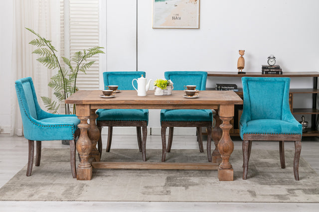 A&A Furniture,Ultra Side Dining Chair，Thickened fabric chairs with neutrally toned solid wood legs， Bronze nail head，Set of 2，Blue
