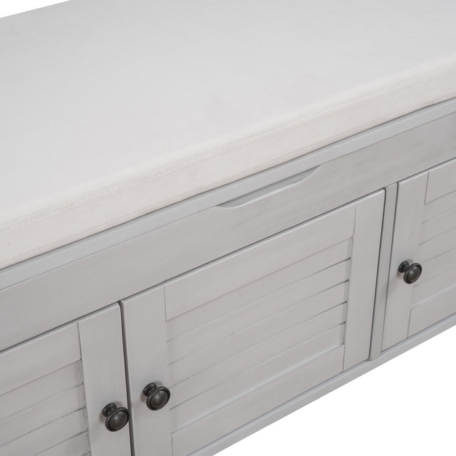 TREXM  Storage Bench with 3 Shutter-shaped Doors,  Shoe Bench with Removable Cushion and Hidden Storage Space (Gray Wash)