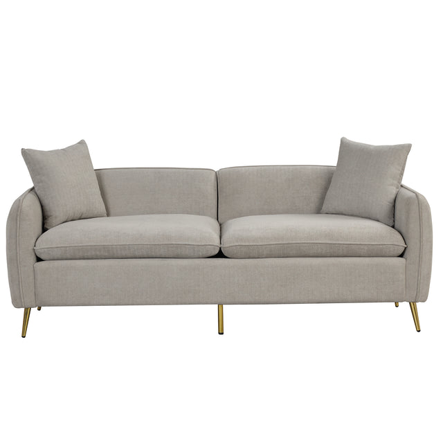 77.5" Velvet Upholstered Sofa with Armrest Pockets,3-Seat Couch with 2 Pillows and Golden Metal Legs for Living Room,Apartment,Home Office,Gray