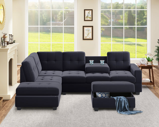 Orisfur. Modern Sectional Sofa with Reversible Chaise, L Shaped Couch Set with Storage Ottoman and Two Cup Holders for Living Room