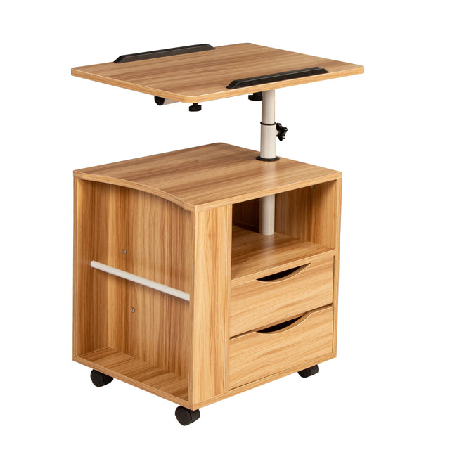 Height Adjustable Overbed End Table Wooden Nightstand with Swivel Top, Storage Drawers, Wheels and Open Shelf,  (White Maple)
