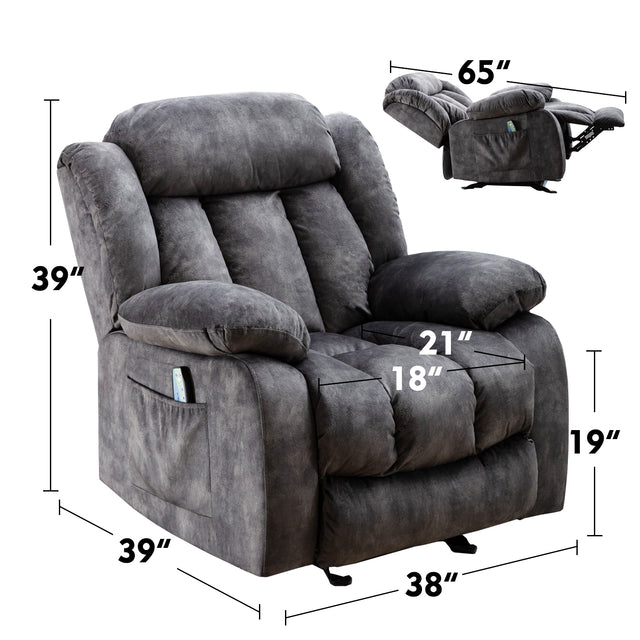 Massage Rocker Recliner with Heat and Vibration, Manual Rocking Recliner Chair with Vibrating Massage, Comfy Padded Overstuffed Recliner Soft Fabric Heated Recliner (Grey)