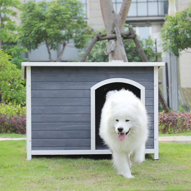 Outdoor Wooden Dog House with Hinges,Raised Feet,Openable Asphalt Roof&Removable Floor