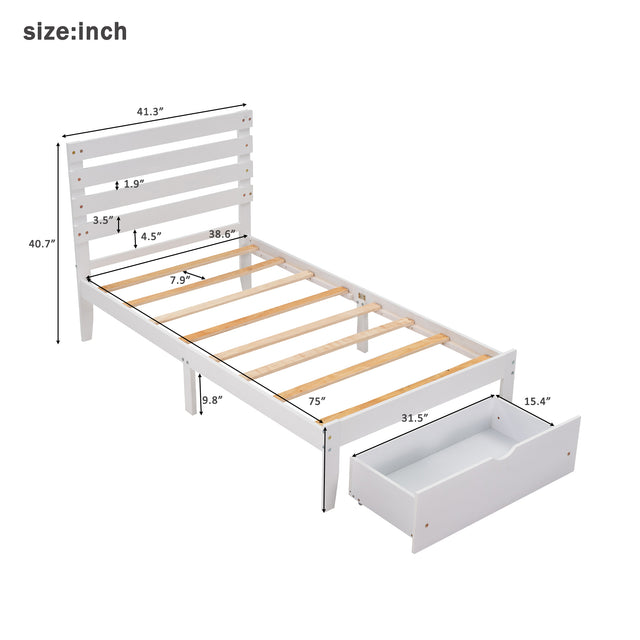 Twin Size Platform Bed with Drawer, White(New SKU:WF288467AAK)