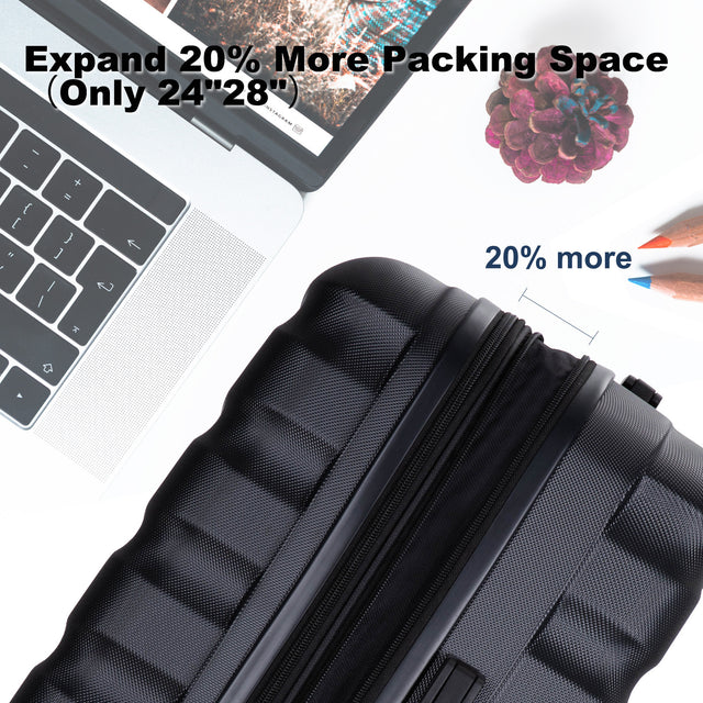 Expandable 3 Piece Luggage Sets ABS Lightweight Suitcase with Two Hooks, Spinner Wheels, TSA Lock, (20/24/28) Black