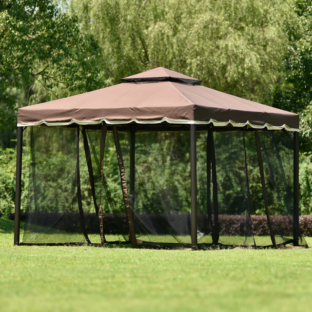 TOPMAX 9.8Ft. Wx9.8Ft.L Outdoor Iron Vented Dome Top Patio Gazebo with Netting for Backyard, Poolside and Deck, Brown