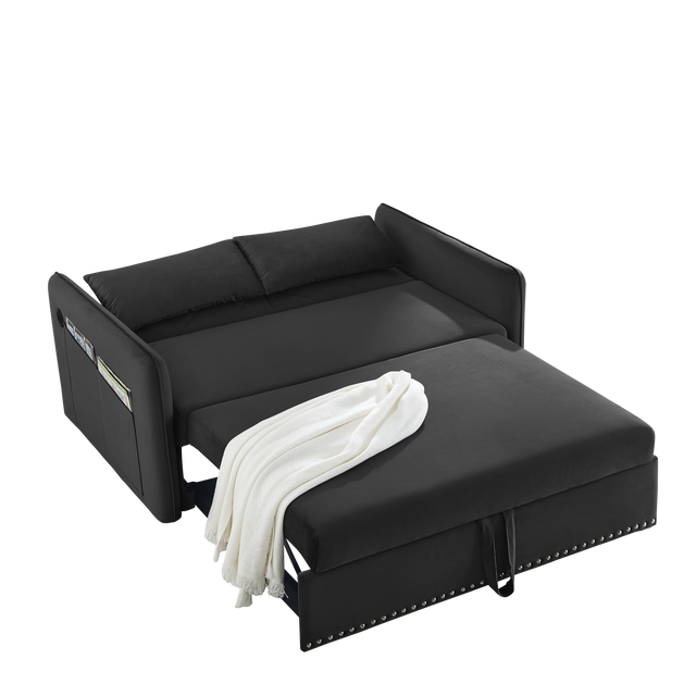 Pull-out sofa sleeper, 3-in-1 adjustable sleeper with pull-out bed, 2 lumbar pillows and side pocket, soft velvet convertible sleeper sofa bed, suitable for living room bedroom.