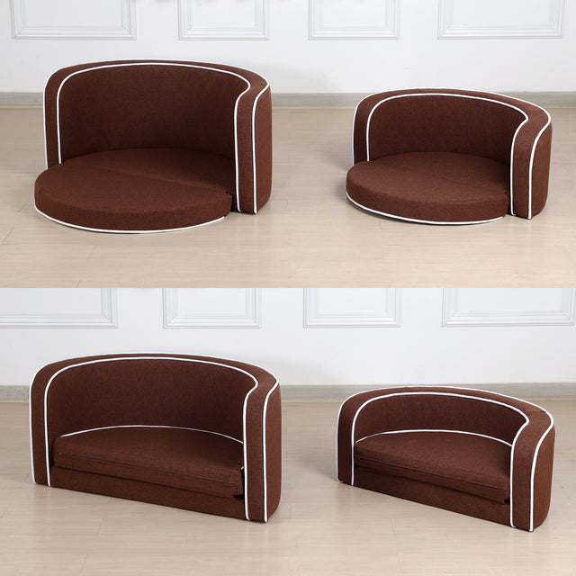 30" Brown Round Pet Sofa, Dog sofa, Dog bed, Cat Bed, Cat Sofa, with Wooden Structure and Linen Goods White Roller Lines on the Edges Curved Appearance pet Sofa with Cushion