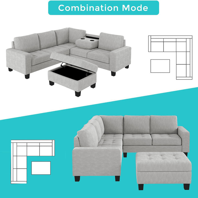 Orisfur. Sectional Corner Sofa L-shape Couch Space Saving with Storage Ottoman & Cup Holders Design for Large Space Dorm Apartment,Light Grey