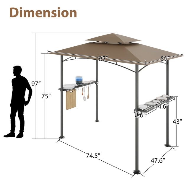 8 x 5 FT Grill Gazebo Grill Canopy Double Tiered BBQ Gazebo Outdoor BBQ Canopy, Khaki