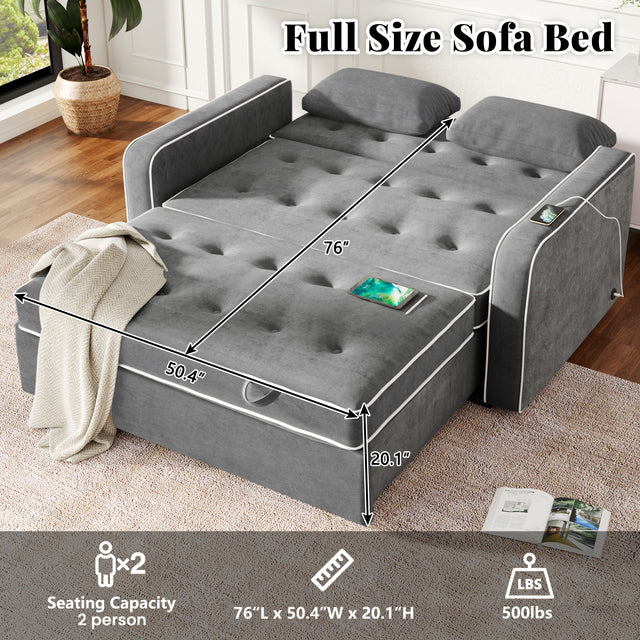 65.7" Linen Upholstered Sleeper , Pull Out Sofa Couch attached two throw pillows,Dual USB Charging Port and Adjustable Backrest for Living Room Space，Charcoal Gray