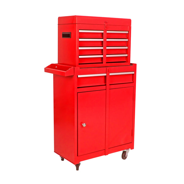 Detachable 5 Drawer Tool Chest with Bottom Cabinet and one Adjustable Shelf--Red