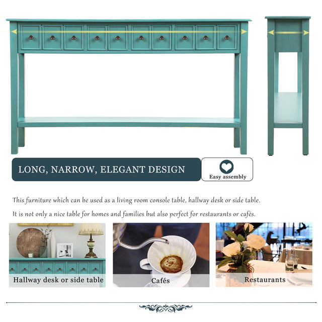 TREXM Rustic Entryway Console Table, 60" Long Sofa Table with two Different Size Drawers and Bottom Shelf for Storage (Blue)