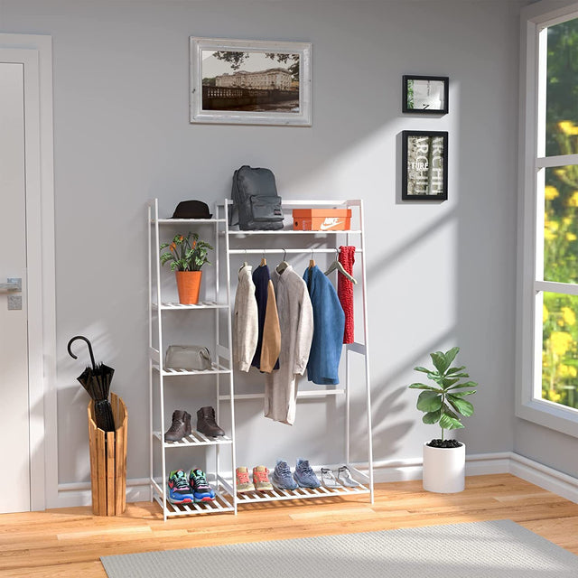 Clothes Rack,Heavy Duty Clothes Rack with Shelves,Freestanding Closet Organizer for Living Bedroom Room Kitchen Bathroom Entryway Office Storage Shelves Clothes Hanging Rack,CR-538 White