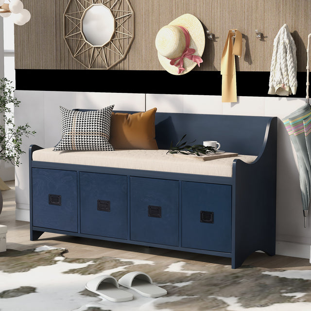 TREXM Movable Cushion Storage Bench with Drawers and Backrest for Entryway and Living Room（Antique Navy）