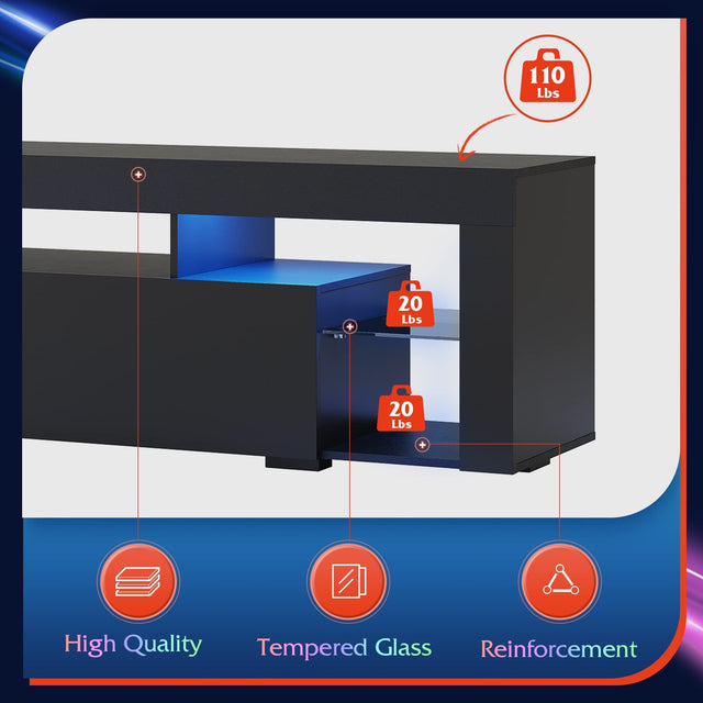 LED TV Stand for 60/65/70 Inch TV, Entertainment Center with Open Shelves, TV Console with 2 Storage Drawers for Bedroom, Living Room, Media Stand with Display Glass, Black