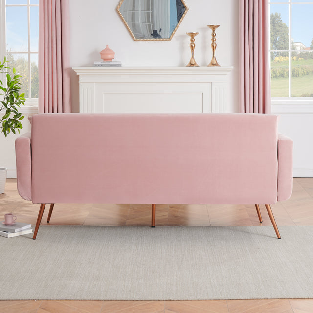 [New+Video]Modern pink velvet sand living room sofa with midfoot and two throw pillows