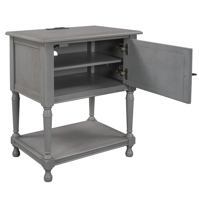 Versatile Nightstand with Two Built-in Shelves Cabinet and an Open Storage, USB Charging Design, Gray