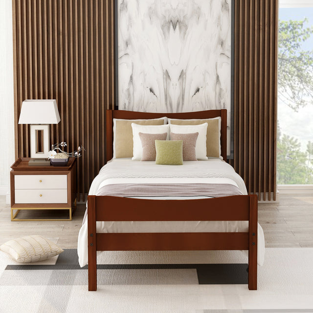 【Not allowed to sell to Walmart】Twin Size  Wood Platform Bed with Headboard and Wooden Slat Support (Walnut)