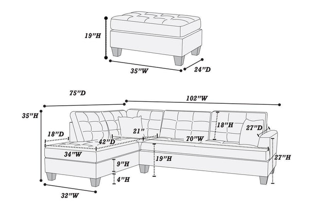 Sectional Sofa Chocolate Polyfiber Cushion Tufted Reversible 3pc Sectional Sofa, Chaise  Ottoman Living Room Furniture