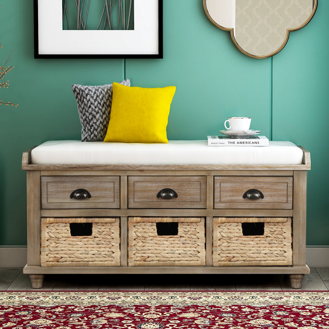 TREXM Rustic Storage Bench with 3 Drawers and 3 Rattan Baskets, Shoe Bench for Living Room, Entryway (White Washed)