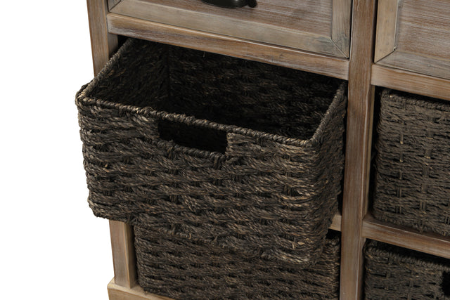 TREXM Rustic Storage Cabinet with Two Drawers and Four Classic Rattan Basket for Dining Room/Living Room (White Washed)