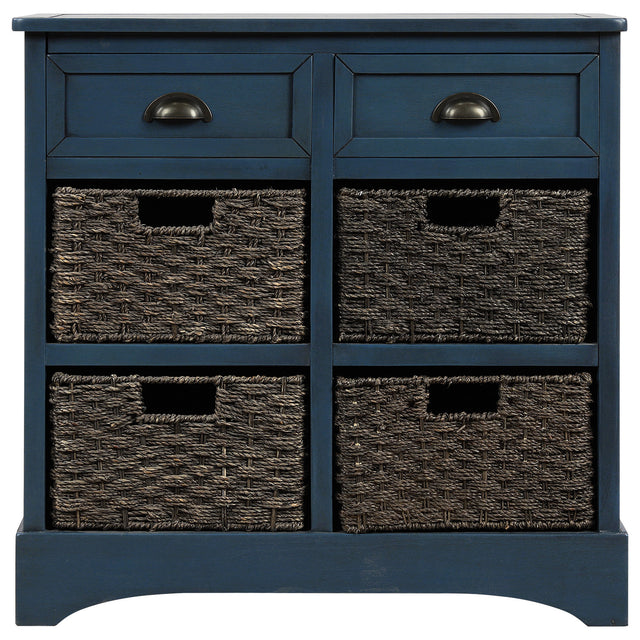 TREXM Rustic Storage Cabinet with Two Drawers and Four  Classic Rattan Basket for Dining Room/Entryway/Living Room (Antique Navy)