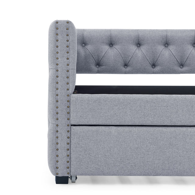 Daybed with Trundle Upholstered Tufted Sofa Bed, with Button and Copper Nail on Square Arms，both Twin Size, Grey（85“x42.5”x31.5“）（Old SKU W487S00045）