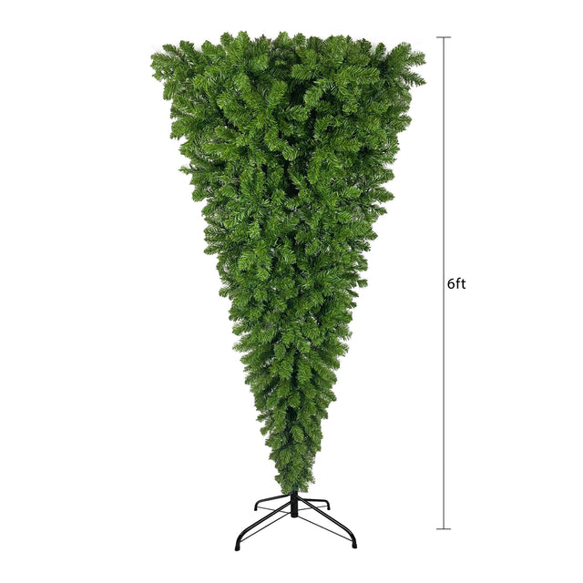 Upside Down Green Christmas Tree, Xmas Tree with LED Warm White Lights, Reinforced Metal Base & Easy Assembly 6ft, w/1,000 Lush Branch Tips, 360 LED Lights X-mas