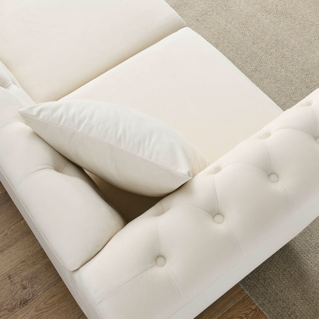 [Video] 80" Chesterfield Sofa Beige Velvet for Living Room, 3 Seater Sofa Tufted Couch with Rolled Arms and Nailhead for Living Room, Bedroom, Office, Apartment, two pillows