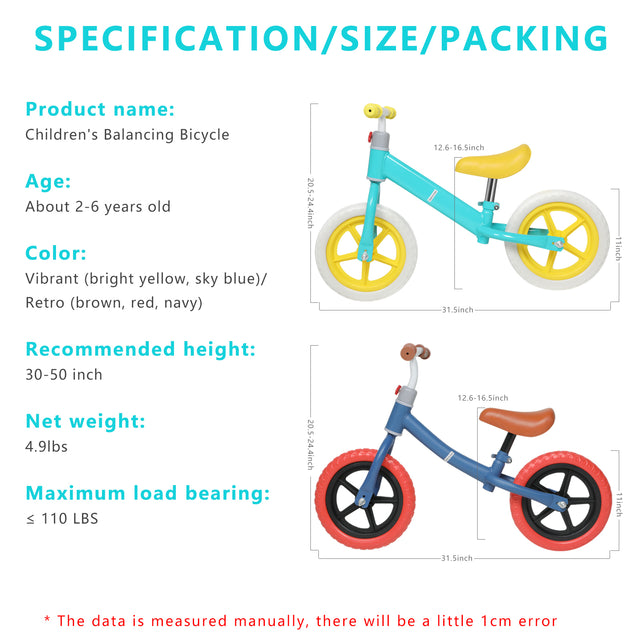 11inch Kids Balance Bike Adjustable Height Carbon Steel & PE Tires for 2-6 Years