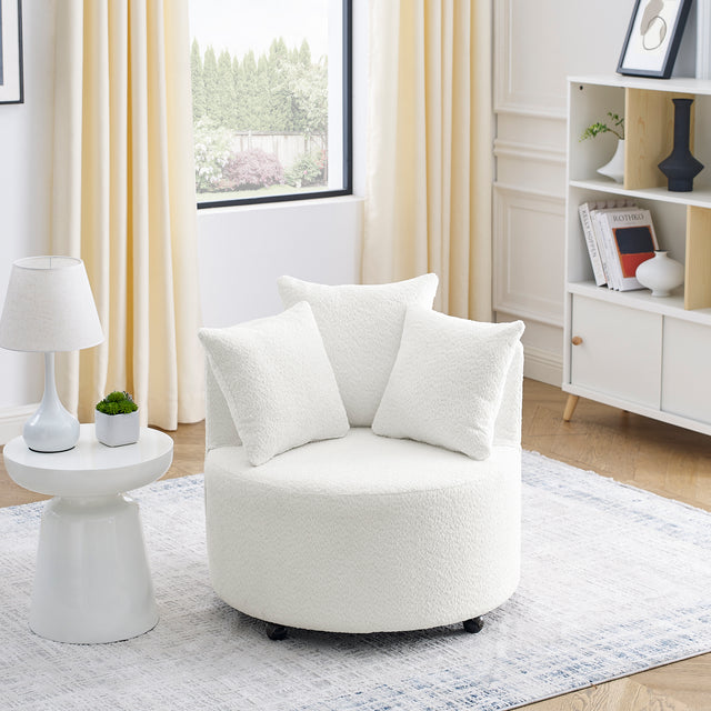 Loop Yarn Upholstered Accent Swivel Chair for Living Room Bedroom, with Movable wheels, Including 3 pillows, Beige
